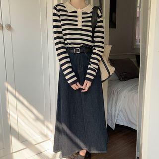 Set : Striped Top + Denim Midi Skirt