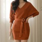 Batwing-sleeve Belted Knit Dress