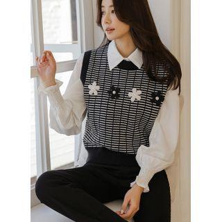 Set: Faux-pearl Flower Vest + Blouse Black - One Size