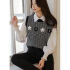 Set: Faux-pearl Flower Vest + Blouse Black - One Size