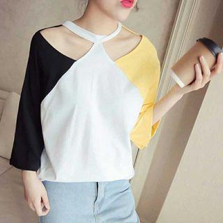 3/4-sleeve Color Block Cutout T-shirt