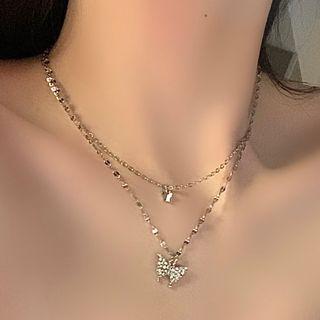 Butterfly Rhinestone Pendant Layered Alloy Choker 1 Pc - Butterfly Rhinestone Pendant Layered Alloy Choker - Silver - One Size