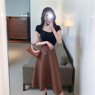 Set: Cap-sleeve Square-neck Knit Top + Midi A-line Skirt