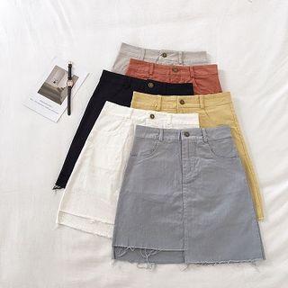 Plain Asymmetric Frayed High-waist Skirt
