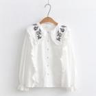 Frilled Embroidered Blouse White - One Size