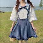 Sailor Collar Elbow-sleeve Blouse / Mini A-line Jumper Skirt / Set