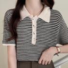 Short-sleeve Collar Striped T-shirt Stripes - Black & Beige - One Size