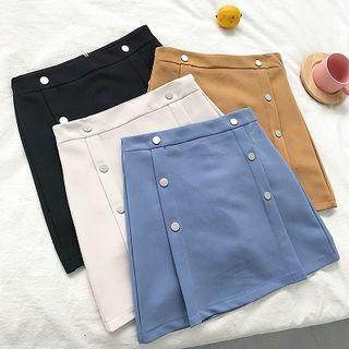 Plain Double-breasted High-waist A-line Skirt