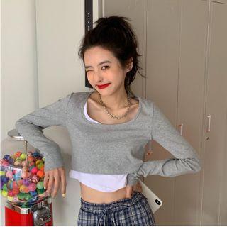 Mock Two Piece Long-sleeve Plain Cropped Top