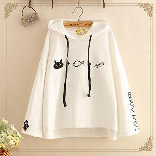 Cat & Fish Printed Hooded Long-sleeve Sweater