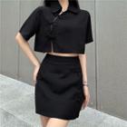 Set: Short-sleeve Cutout Frog Buttoned Crop Top + A-line Skirt