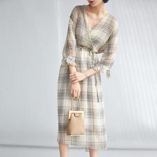 Plaid 3/4 Sleeve Midi Chiffon Dress