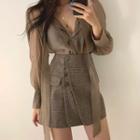 Tie-neck Blouse / Gingham A-line Skirt