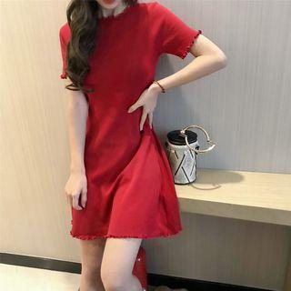 Frill-edge Short Sleeve Knit A-line Dress