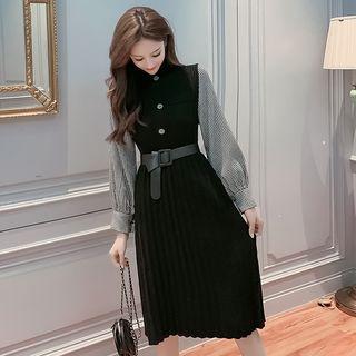 Mock Two-piece Houndstooth Sleeve Knit Dress