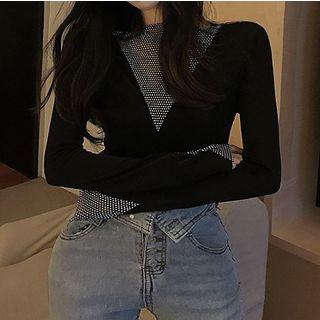 Long-sleeve Rhinestone Ruffled Top Black - One Size