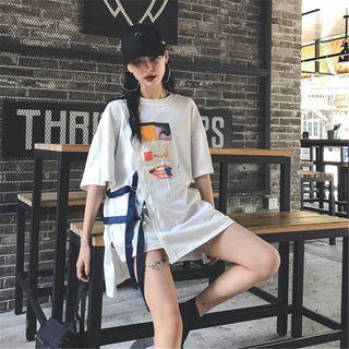 Ribbon Detail Printed Elbow-sleeve Long T-shirt