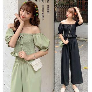 Set: Square-neck Cropped Short-sleeve Top + Wide-leg Pants