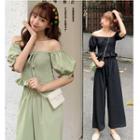 Set: Square-neck Cropped Short-sleeve Top + Wide-leg Pants