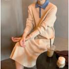 Contrast-collar Long-sleeve Knit Dress