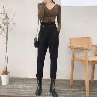 Plain V-neck Long-sleeve Slim-fit Top / High-waist Harem Pants