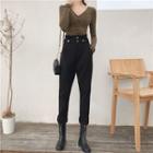 Plain V-neck Long-sleeve Slim-fit Top / High-waist Harem Pants
