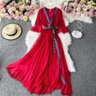 Elbow-sleeve V-neck Embroidered Maxi Dress