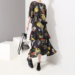 3/4-sleeve Floral A-line Midi Tiered Dress
