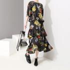 3/4-sleeve Floral A-line Midi Tiered Dress