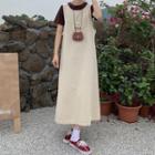 Short-sleeve T-shirt / Floral Embroidered Midi Shift Overall Dress