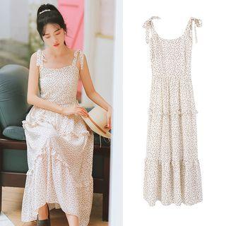 Shoulder-tie Heart Print Midi Dress