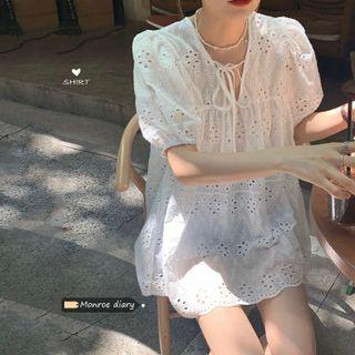 Short-sleeve Perforated Dress White - One Size