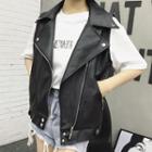 Faux-leather Sleeveless Biker Jacket Black - One Size
