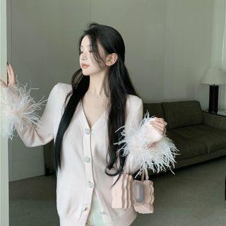 V-neck Plain Woolen Button-up Cardigan Pink - One Size