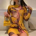 Long-sleeve See-through Cutout-front Mini Dress