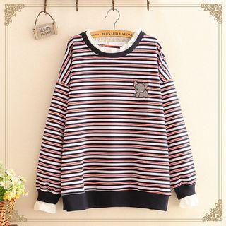 Elephant Embroidered Ruffle-hem Striped Sweatshirt