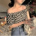 Off-shoulder Checkerboard Print Cropped Blouse Black & White - One Size