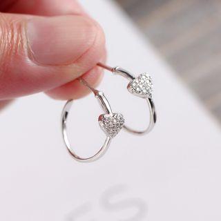 925 Sterling Silver Rhinestone Heart Open Hoop Earring 1 Pair - Silver - One Size