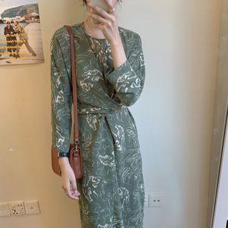 Printed Long-sleeve Midi Sheath Dress Green - One Size