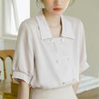 Elbow-sleeve Collared Double-breasted Blouse