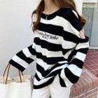 Off-shoulder Long-sleeve Striped Lettering Knit Top Black & White - One Size