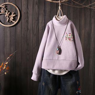 Mock-turtleneck Floral Embroidered Pullover