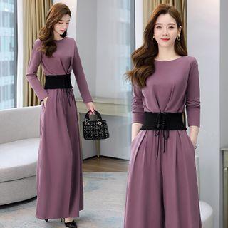 Set: Long-sleeve Plain Top + Wide-leg Pants + Corset Belt