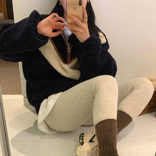 Long-sleeve Half-zip Faux Fur Pullover / Plain Leggings