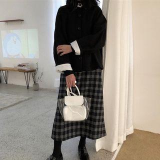 Sleeveless Plaid Midi Dress / Buttoned Coat