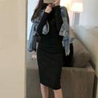 Cropped Buttoned Denim Jacket / Long-sleeve Midi Bodycon Dress