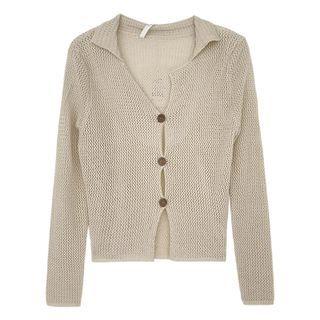 Plain Collar Cardigan Light Khaki - One Size