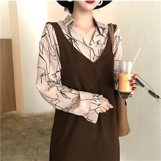 Long Sleeve Printed Shirt / Sleeveless V-neck Dress
