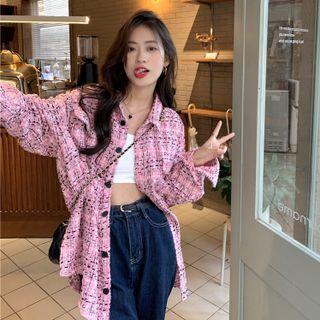 Long-sleeve Loose-fit Tweed Jacket Pink - One Size