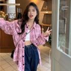 Long-sleeve Loose-fit Tweed Jacket Pink - One Size